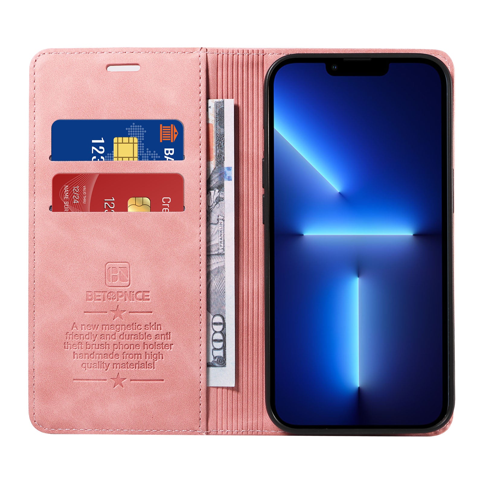 Uniqkart 003 Magnetic Absorbed Phone Case for iPhone 13 Pro , RFID Blocking Wallet PU Leather Stand Cover - Pink Uniqkart 003 Magnetic Absorbed Phone Case for iPhone 13 Pro , RFID Blocking Wallet PU Leather Stand Cover - Pink